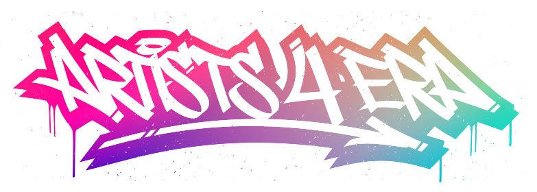 Logo for Artists4ERA features multicolored words in a spray painted font
