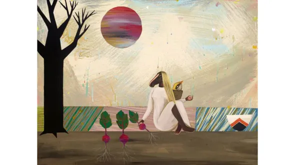 An illustration of a woman with a horse's head sitting in a field with a tree and purple sun.