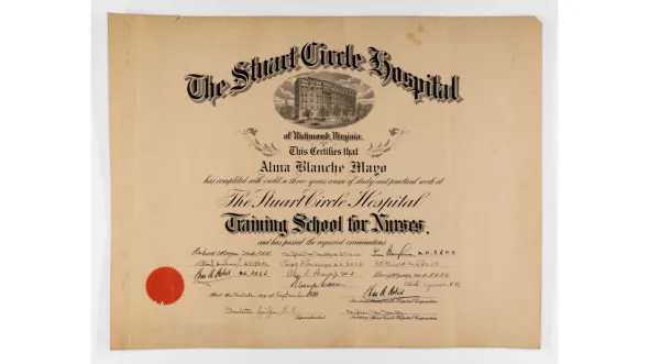 Alma Blanche Mayo's 1930 diploma from the Stuart Circle Hospital School of Nursing Alumnae Association