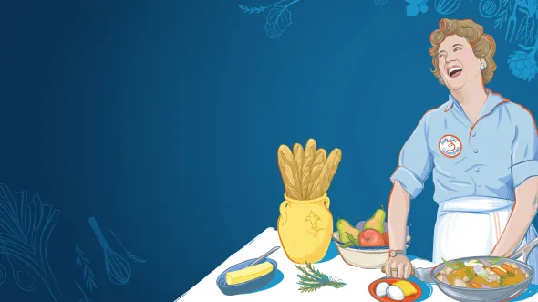A blue background with icons of cooking implements and a full color illustration of Julia Child laughing and cooking at a countertop.