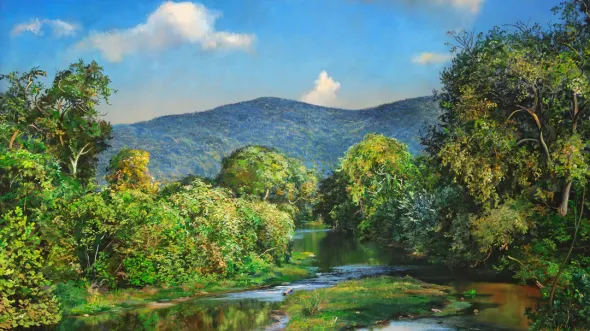 A painting titled "The North Fork at Red Banks, Shenandoah County"