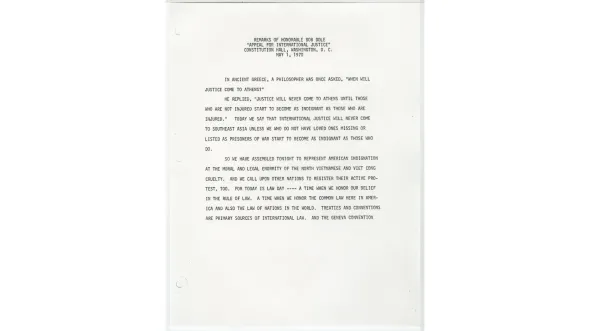 A photograph of Page 1 of remarks by Kansas Senator Robert Dole given during the “Appeal for International Justice” held at Constitution Hall, Washington, D.C., May 1, 1970. Image courtesy of the Dole Archives.