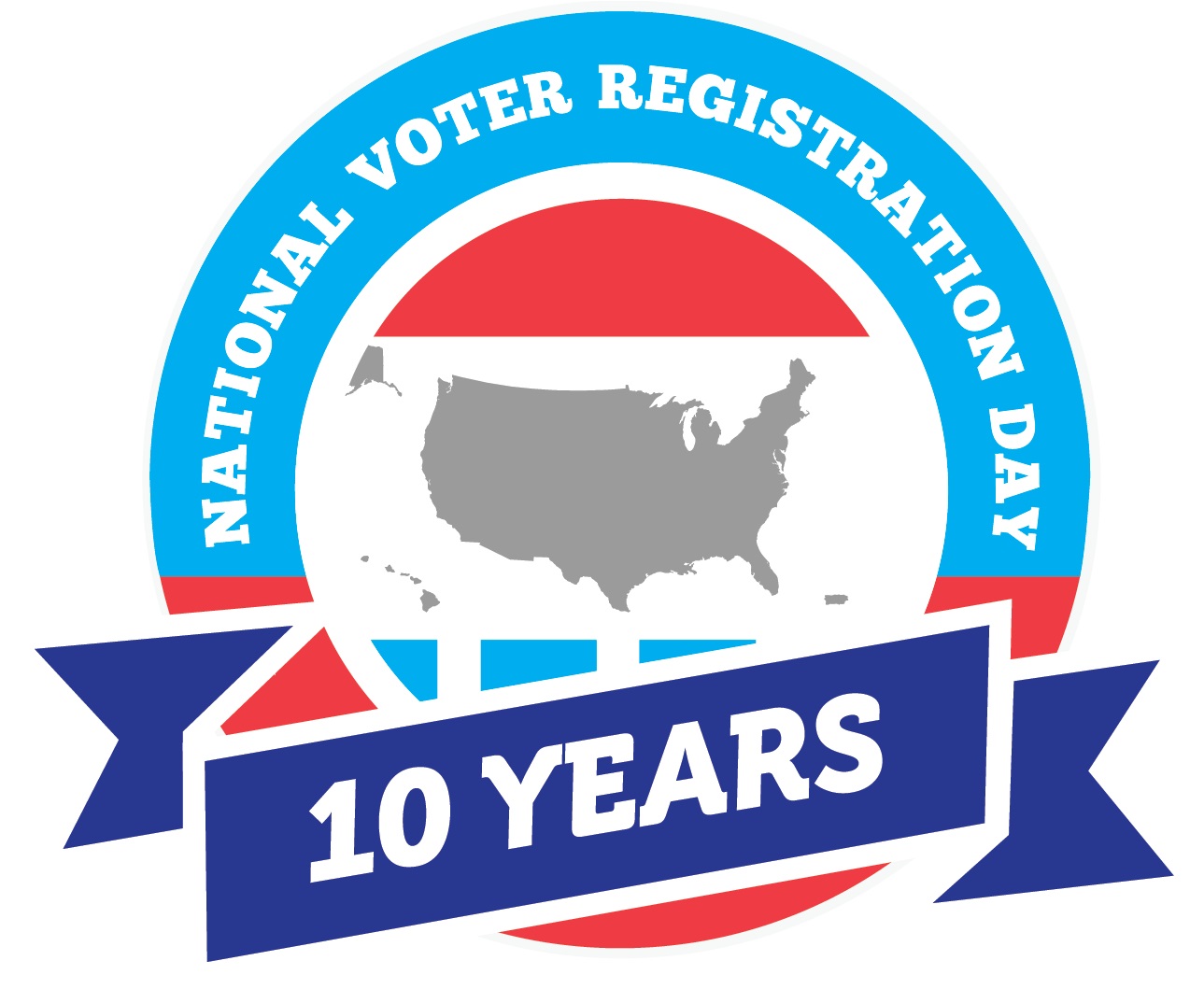 National Voter Registration day log in blue, red, and grey. There is an image of the United States in the center and a blue ribbon that says 10 years.