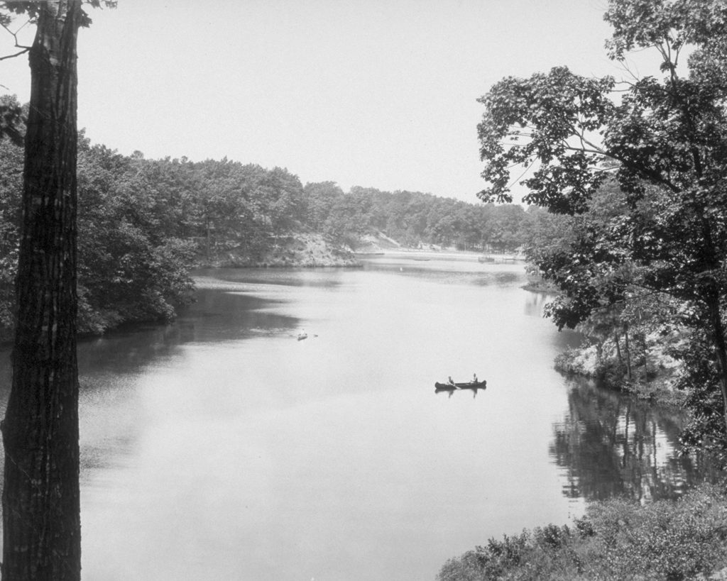  Overhead shot of Willcox Lake, Petersburg, showing forest surrounding open water with two individuals in a canoe