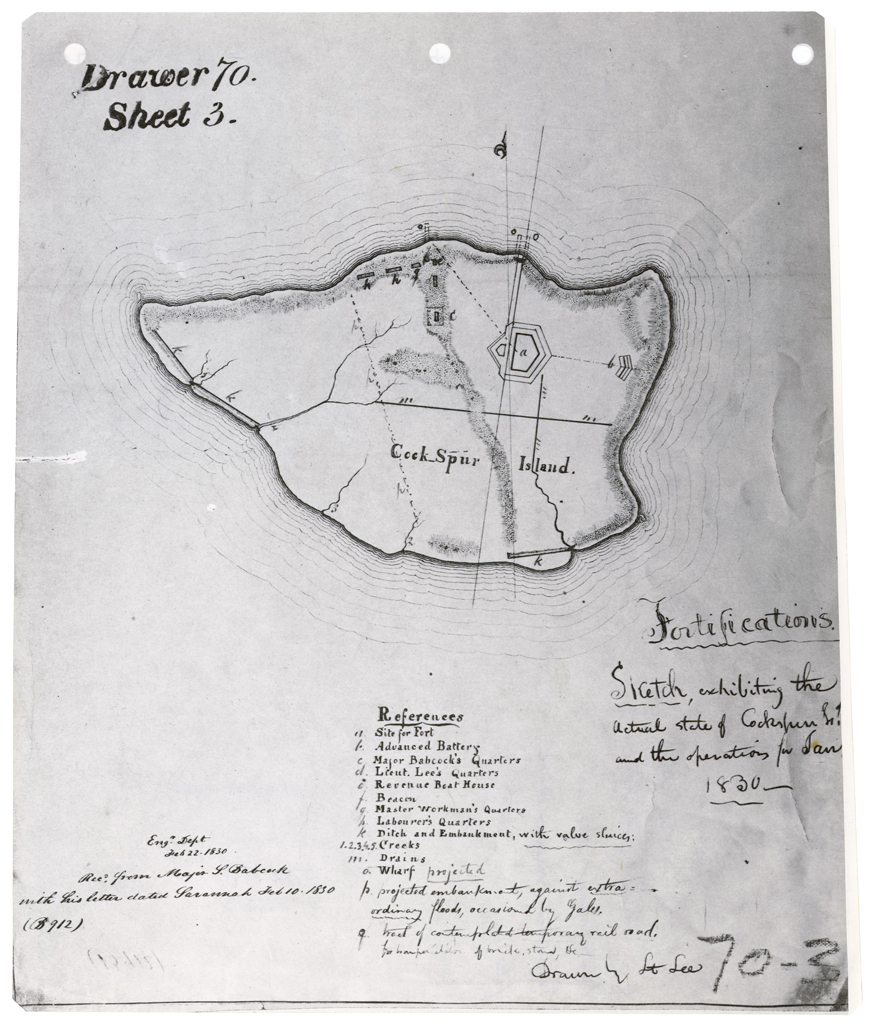 Sketch of an ariel view map of Cockspur Island and Fort Pulaski by Robert E. Lee, detailing “References” and “Falsifications” by Lee. 
