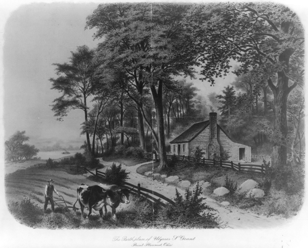 Black and white sketch of a small cabin surrounded by forest and farmland, with a farmer and cows visible in the lower left-hand corner