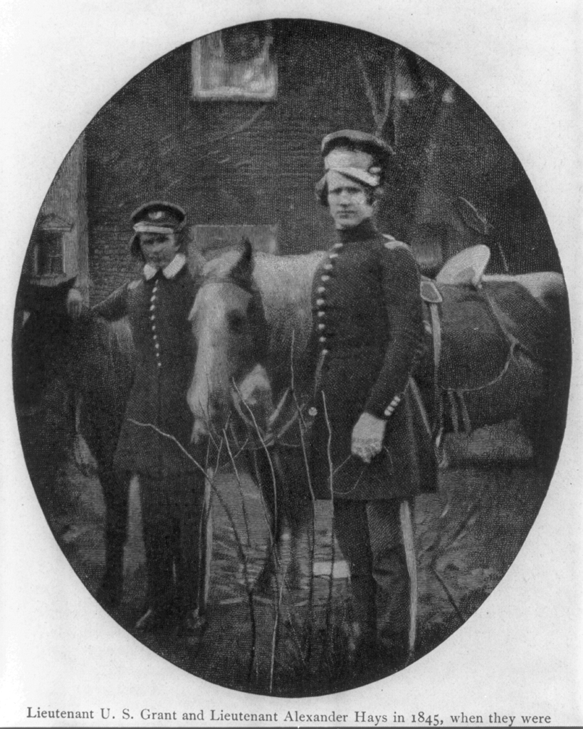 Black and white photograph of Lieutenant Ulysses S. Grant and Alexander Hays standing on either side of a horse at Camp Salubrity, Louisiana, 1845    