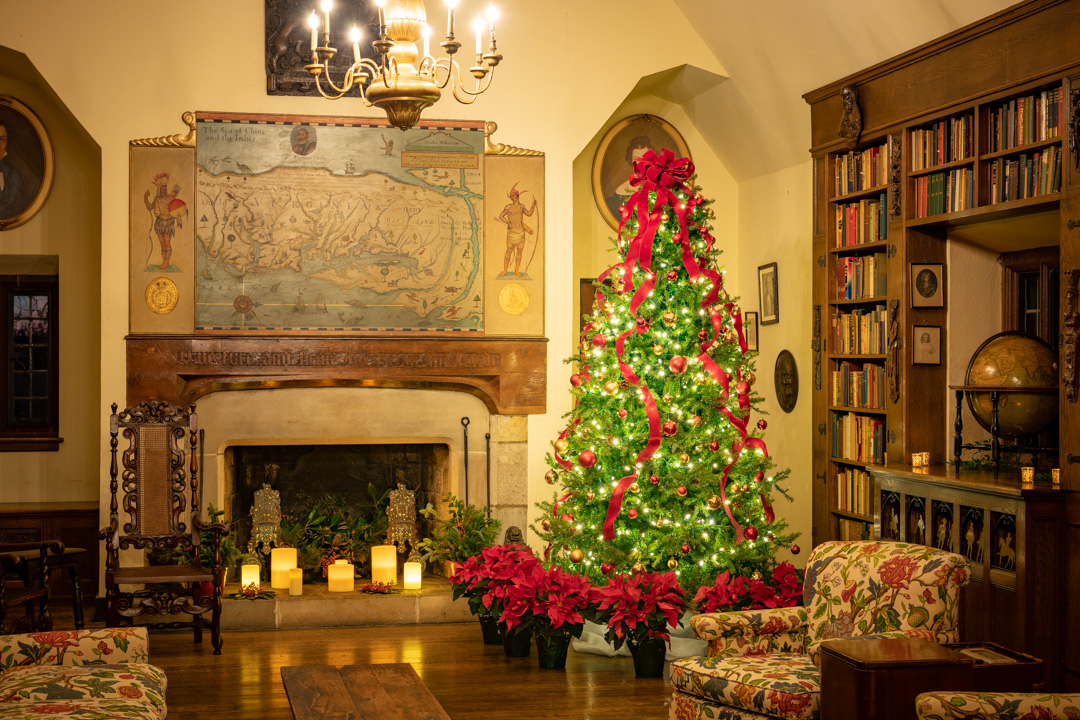 The library at Virginia House decorated for the holidays with a festive Christmas tree