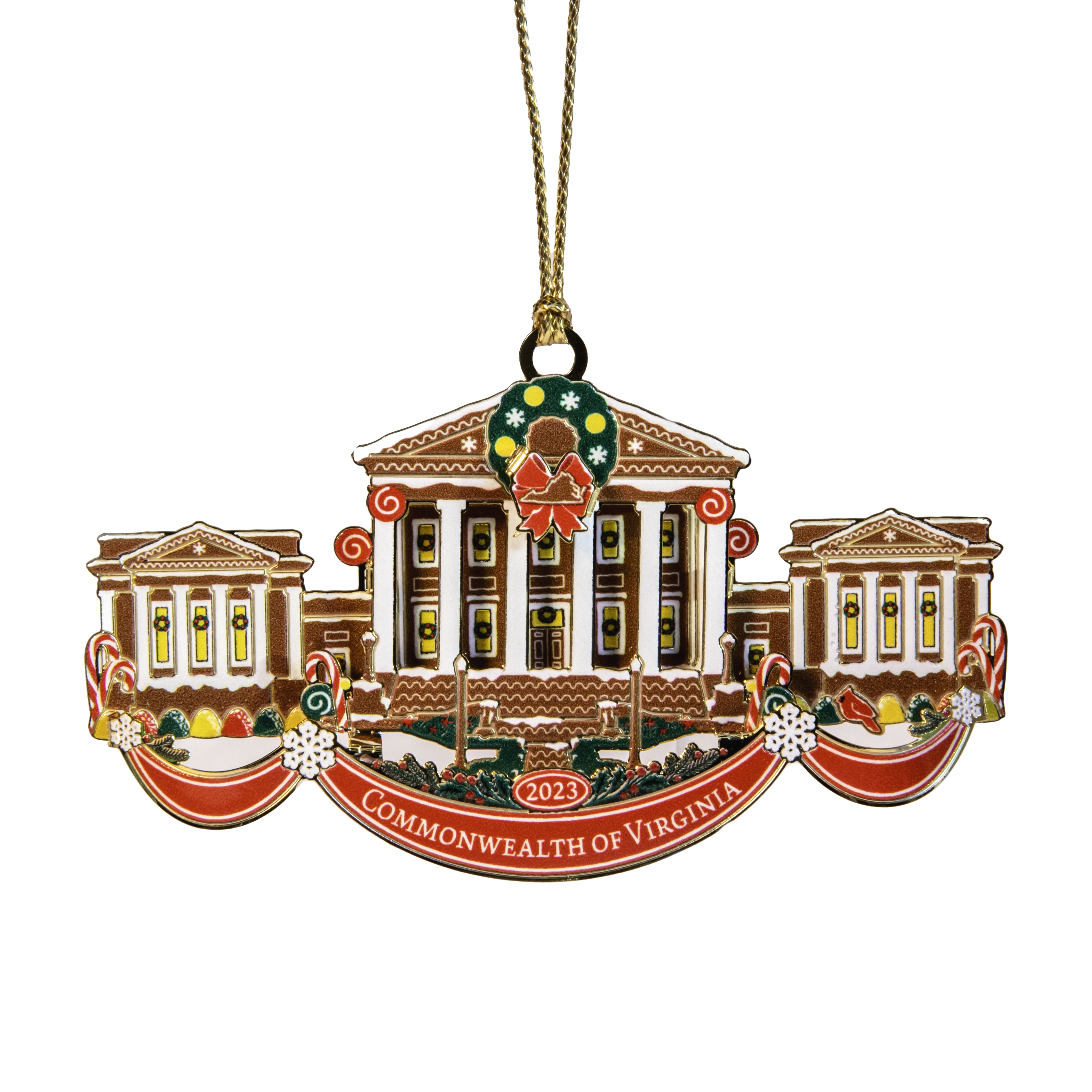 Christmas tree ornament: the Virginia state capitol depicted in gingerbread, icing, and candy