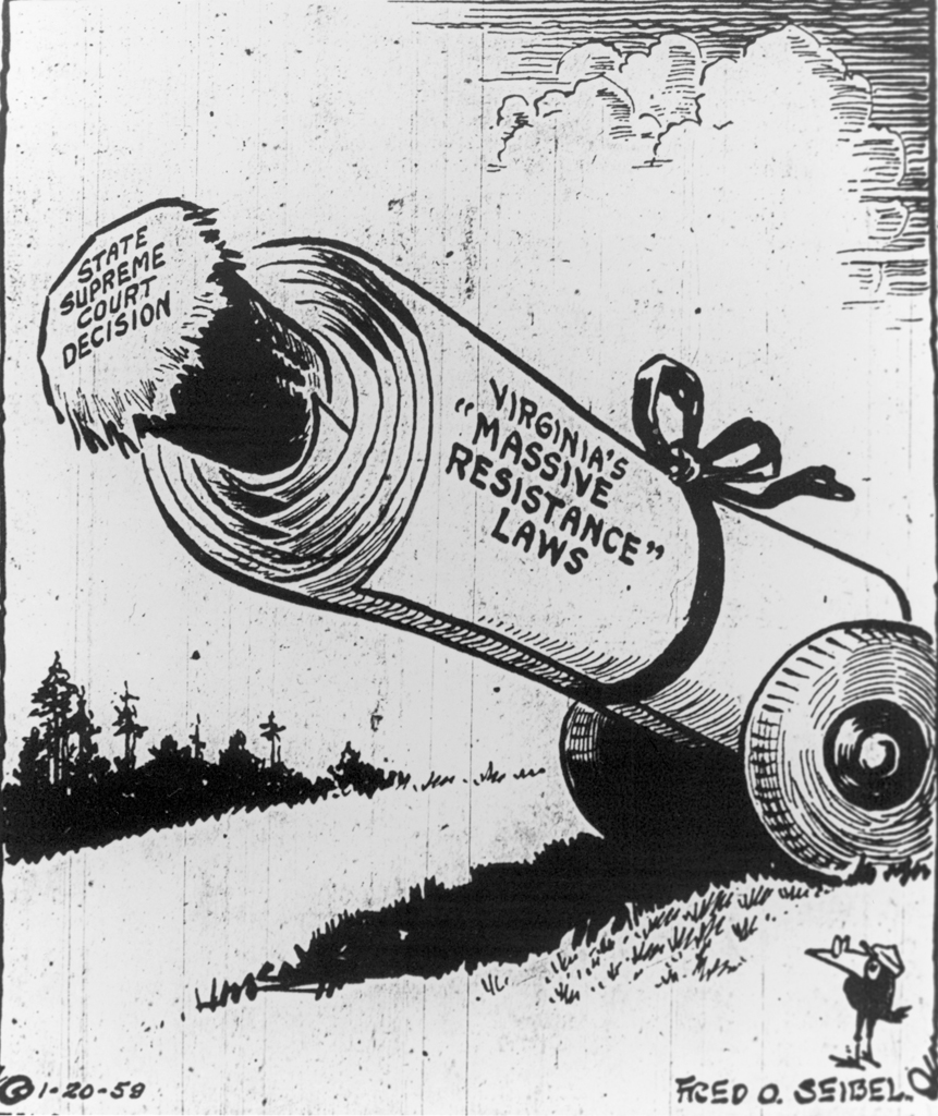 Political cartoon of a scroll of paper designed as the barrel of a canon with the words “Virginia’s Massive Resistance Laws” written across, as a plug is stuck inside the barrel detailing the words “State Supreme Court Decision.” 