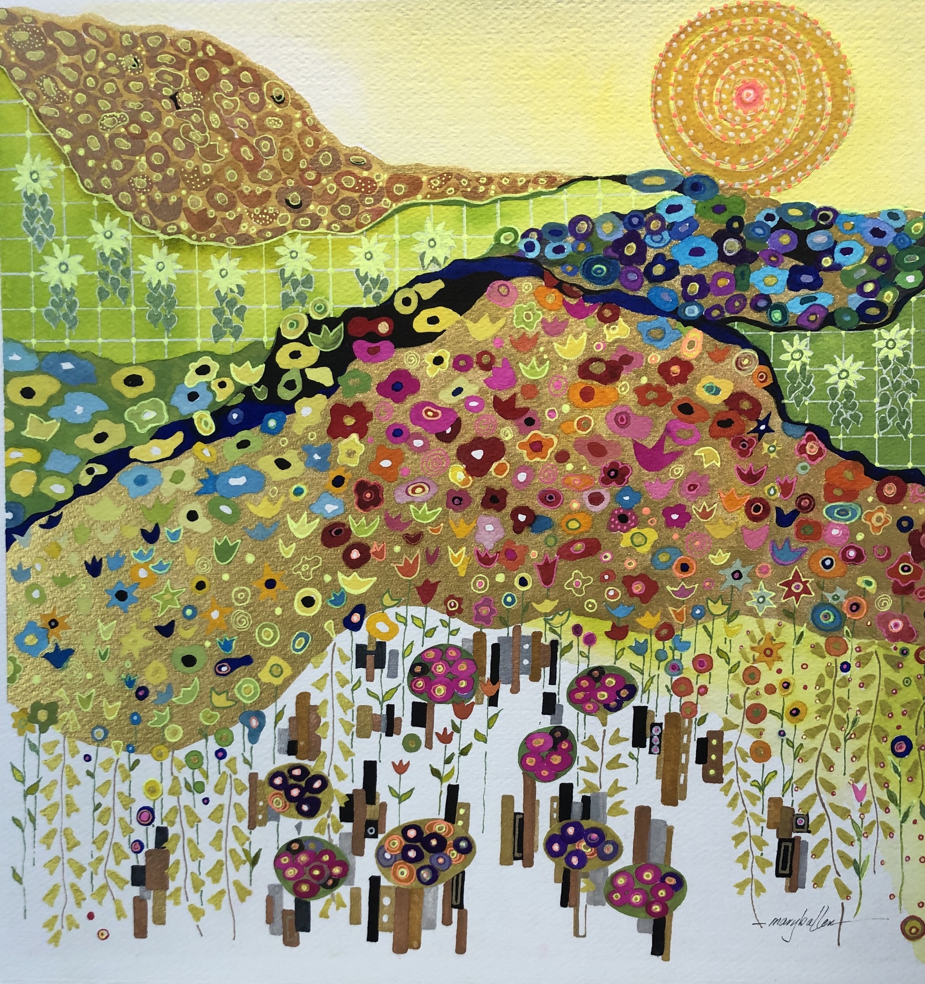 An abstract multicolored depiction of mountains, flowers, and a setting or rising sun.