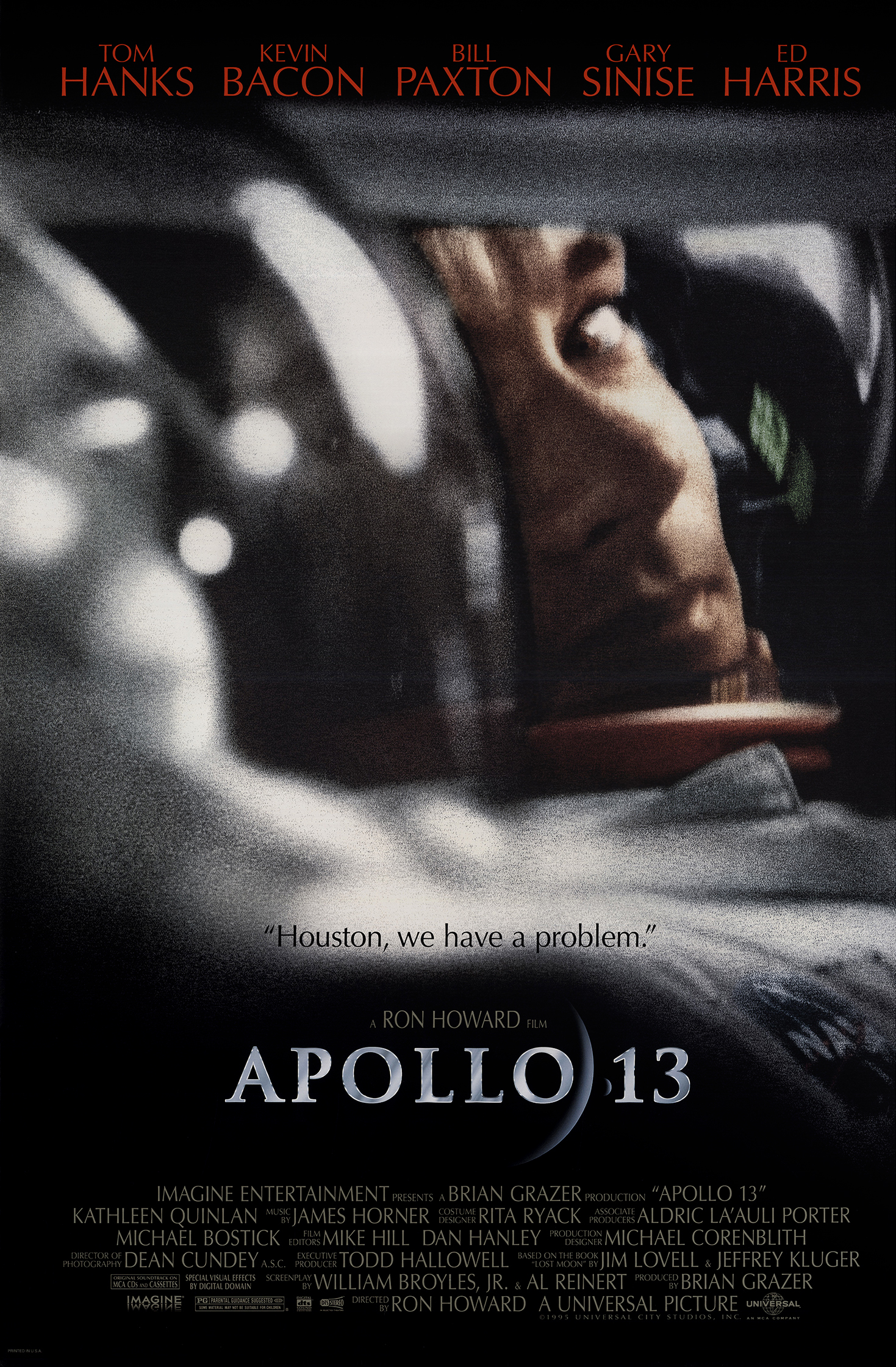Apollo 13 movie poster featuring a close up picture of Tom Hanks as Jim Lovell.