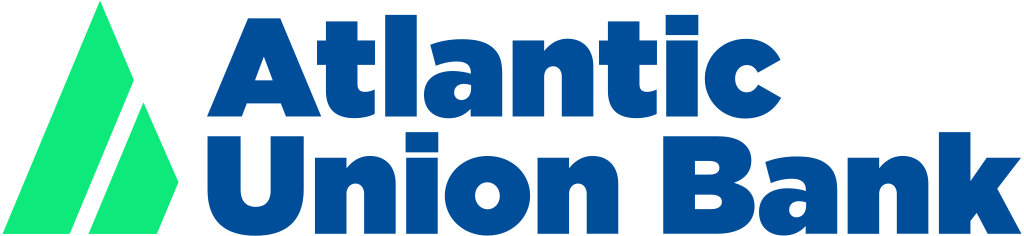 Logo for Atlantic Union Bank shows the name in blue text to the right of a green triangle 