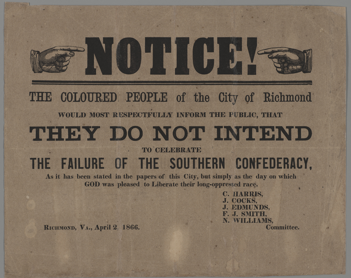 Notice issued by the black community in Richmond in 1866