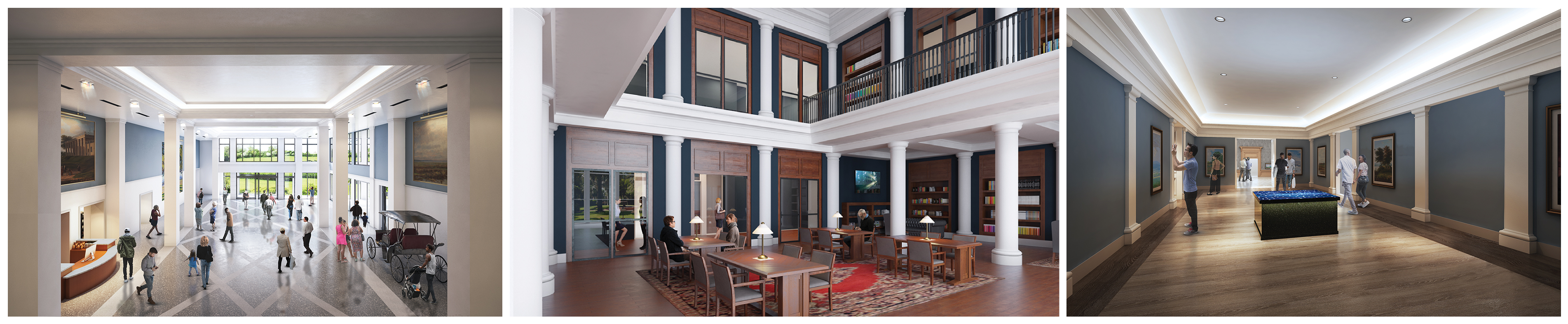 Renderings of the new Great Hall, Research Library, and Welcome Gallery