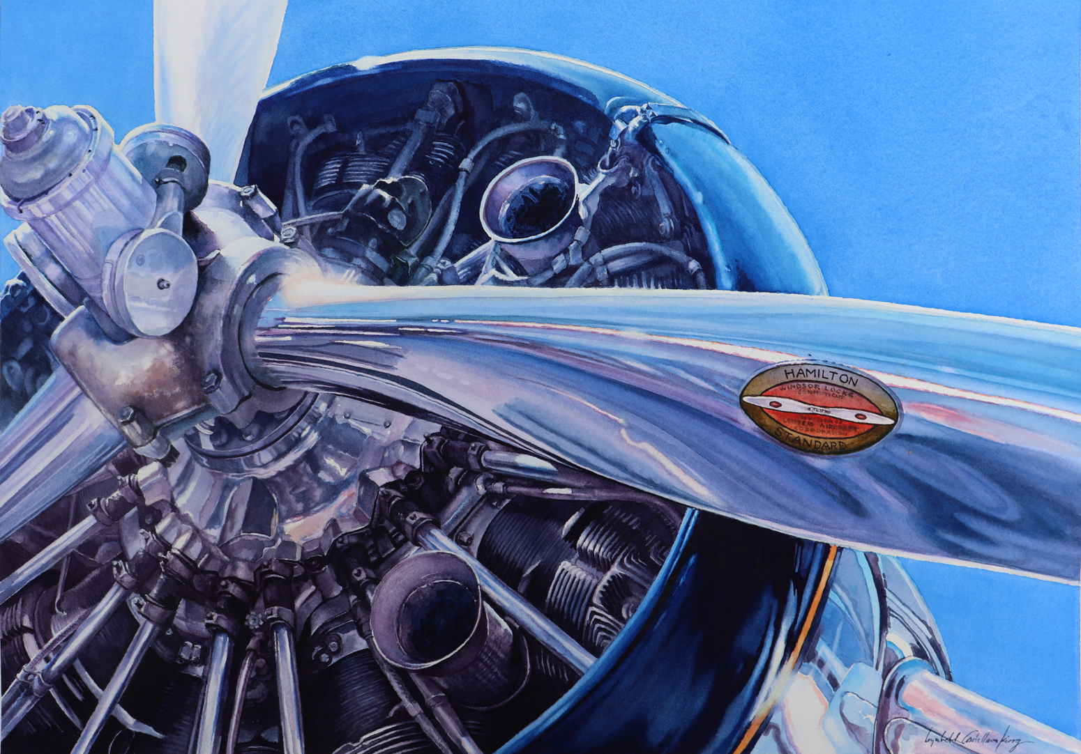 A close-up depiction of an airplane engine and propeller in shades of blue
