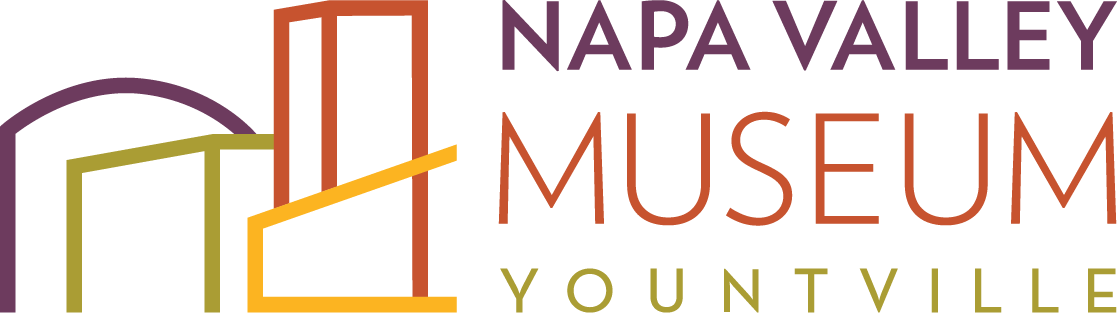 Logo for Napa Valley Museum Yountville with an abstract icon of a multistructured building in purple, orange, green, and yellow