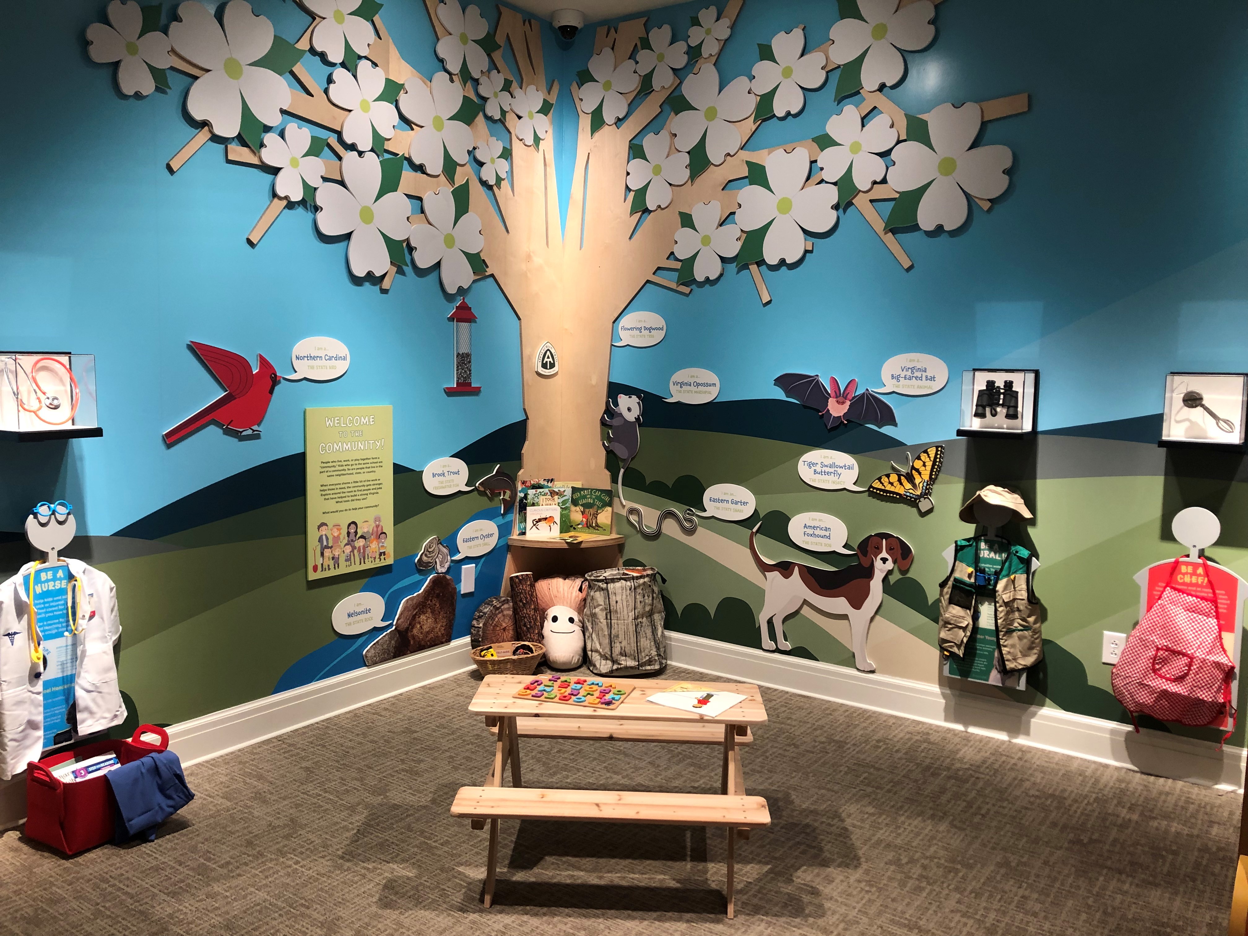 A gallery with a dogwood tree mural, picnic table, and interactive children's costumes