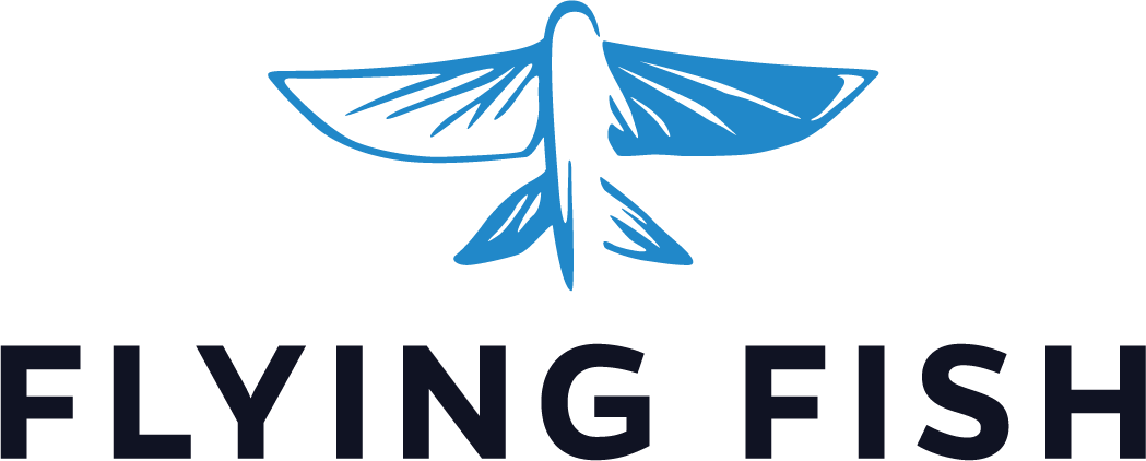 Logo for Flying Fish with black wordmark and blue icon of an aerial view of a flying fish