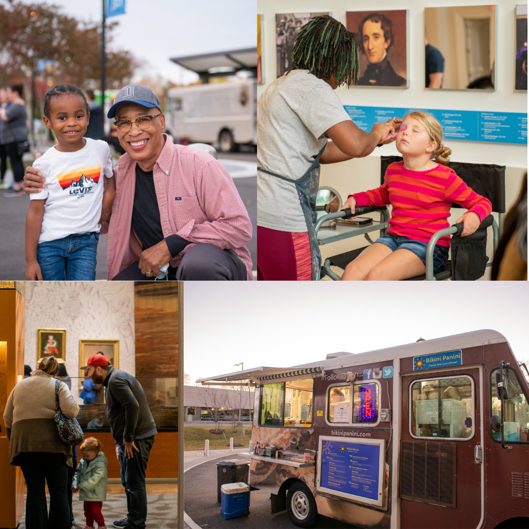 People enjoying a variety of activities at First Fridays (face painting, food trucks, galleries) 