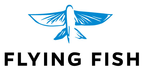 Logo for Flying Fish is a blue outline of an illustrated winged fish with black all caps name below