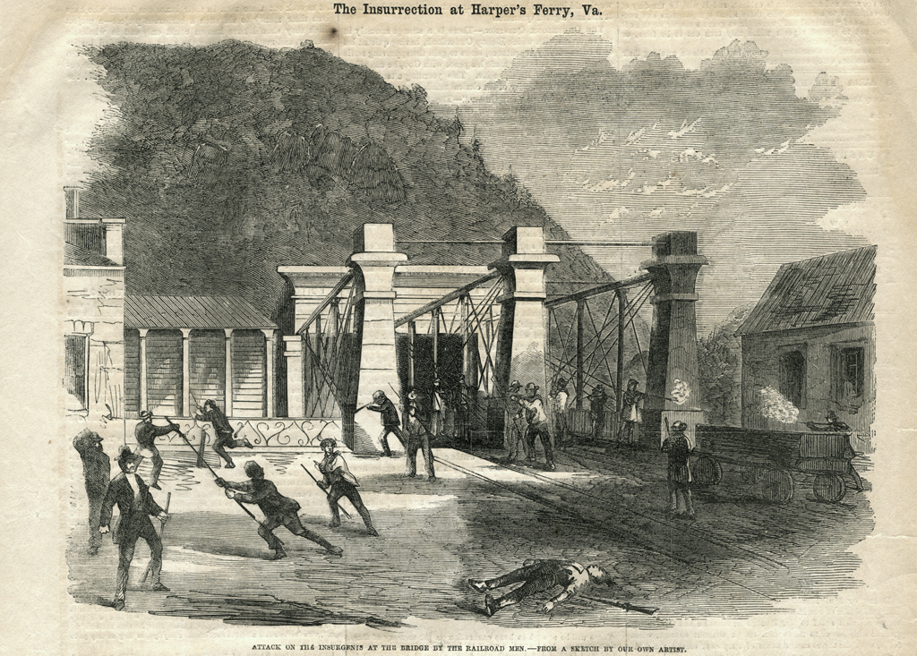 Attack on the Insurgents at the bridge at Harpers Ferry of the railroad men