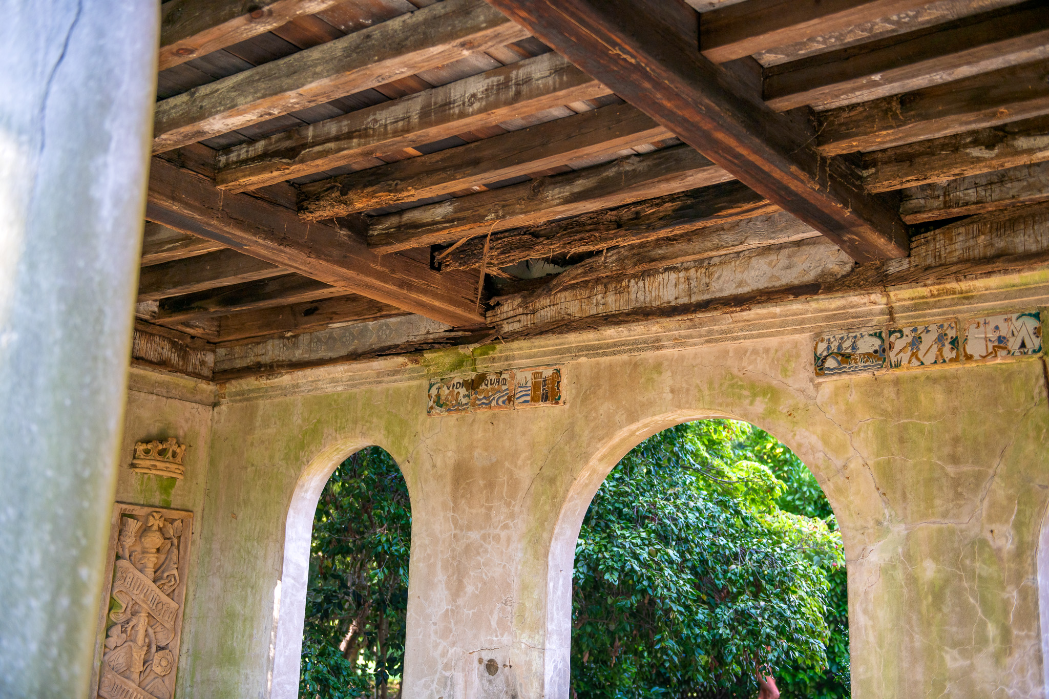 Ceiling of the Loggia at Virginia house showing rotting wood beams and missing tiles