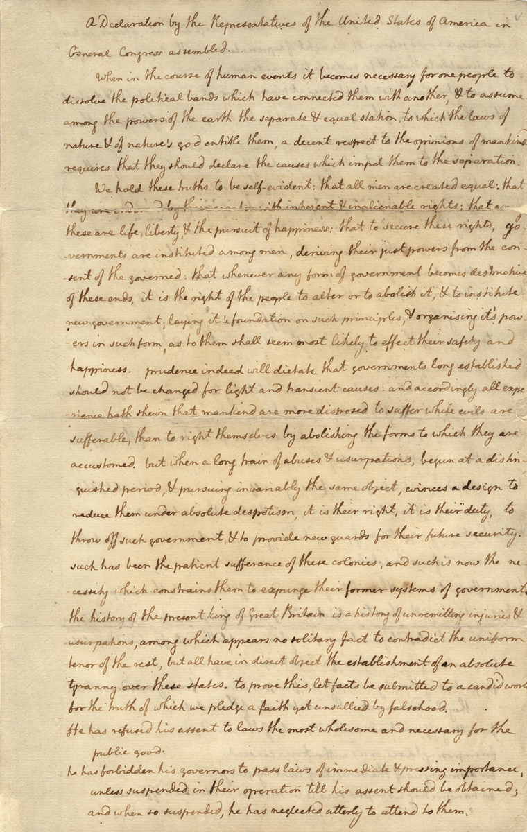 Jefferson's Handwritten Copy of the Declaration of Independence, 1776