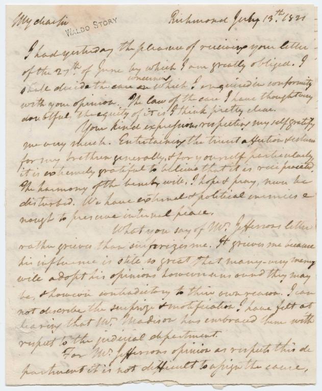 A photograph of James Madison's letter to Joseph Story, 1821
