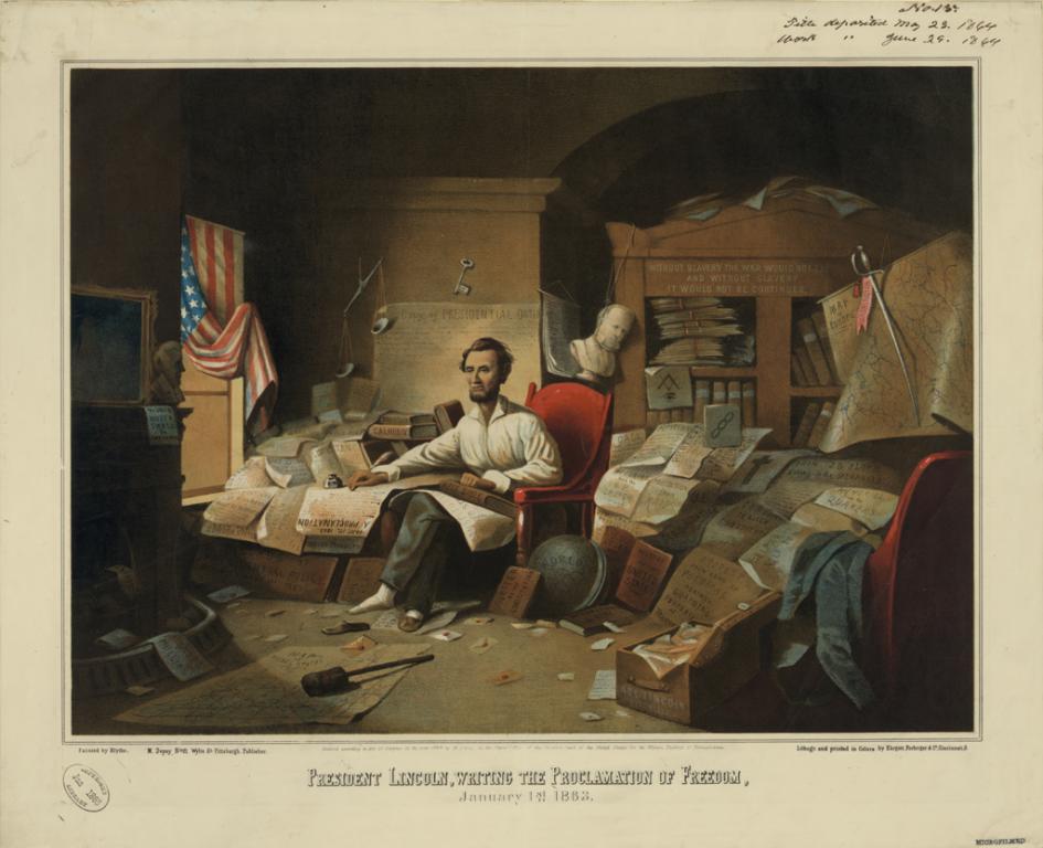 Color drawing of Abraham Lincoln in the process of writing the Emancipation Proclamation. 