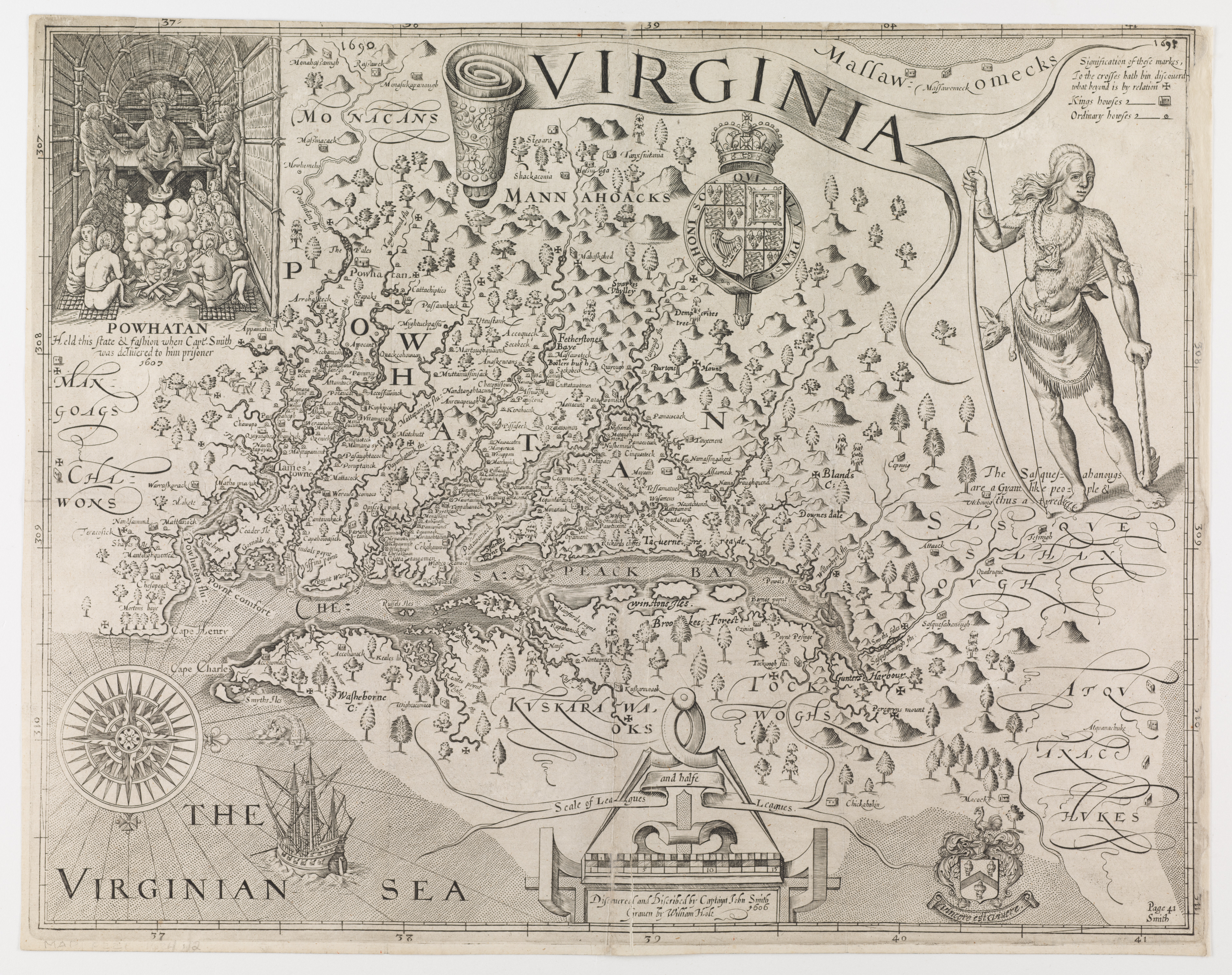 Black & white map of Virginia circa 1690 with a drawing of a Powhatan Indian 