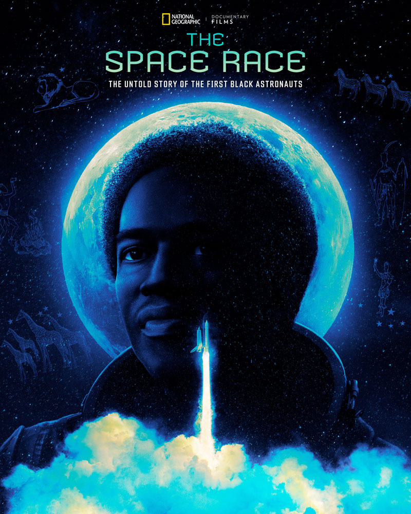 The Space Race - movie poster showing a black man in front of a moon silhouette and rockets