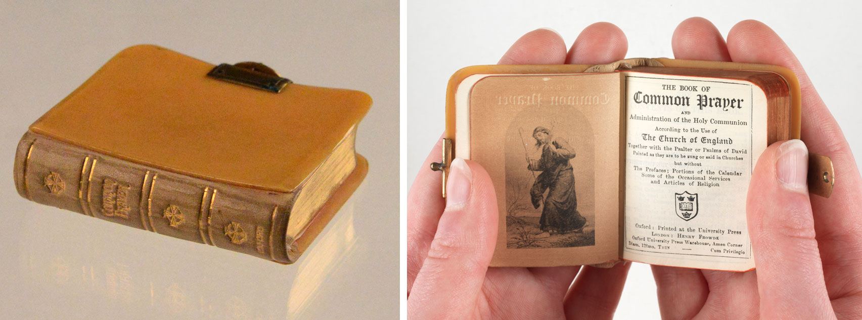 A miniature yellow book shown closed and open with an illustration of a kneeling monk and the title "The Book of Common Prayer"