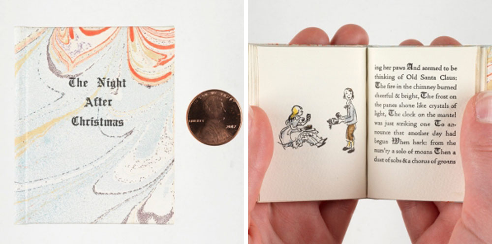 A two-inch marbled book called The Night After Christmas is shown closed next to a U.S. penny and open with a small illustration of two people