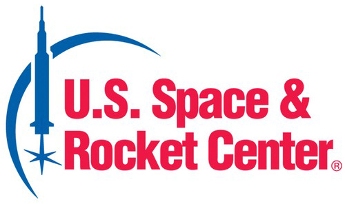 Logo for U.S. Space & Rocket Center shows name in red text to the right of a stylized blue rocket taking off and the curved left edge of the moon