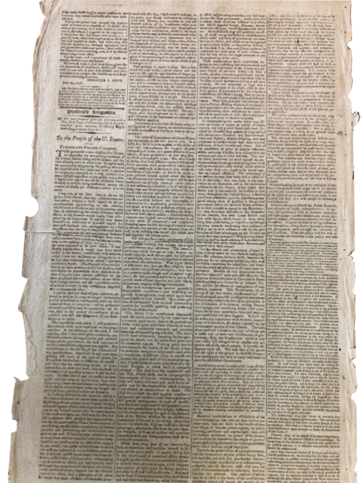 Farewell Address by George Washington, September 24, 1796. Printed in the Columbian Centinel in Boston. 