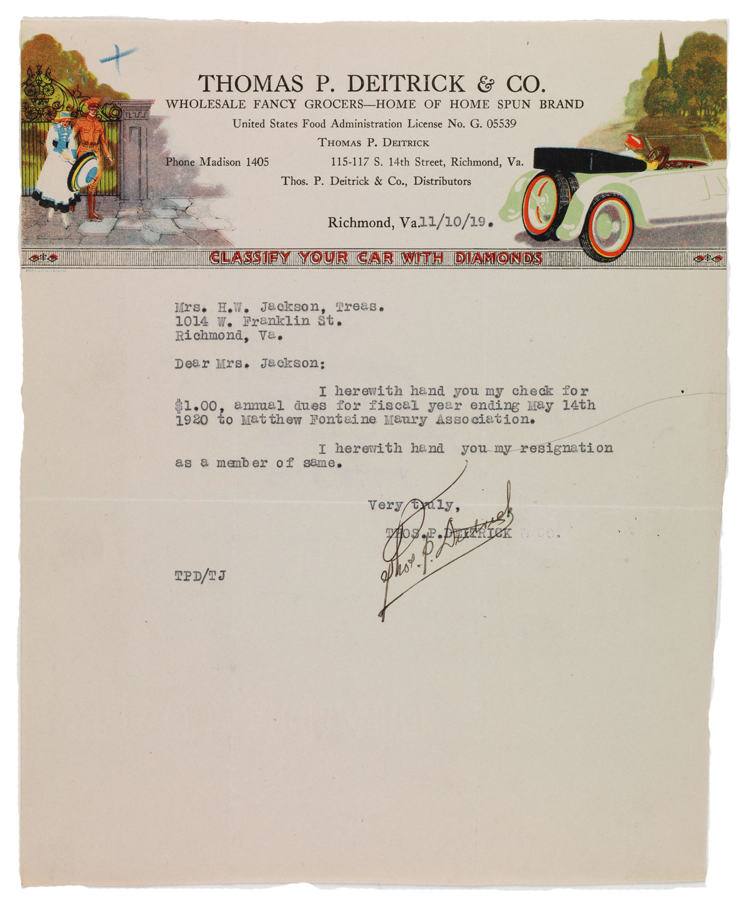 Letter of Thomas P. Deitrick to Mrs. H. W. Jackson, November 10, 1919