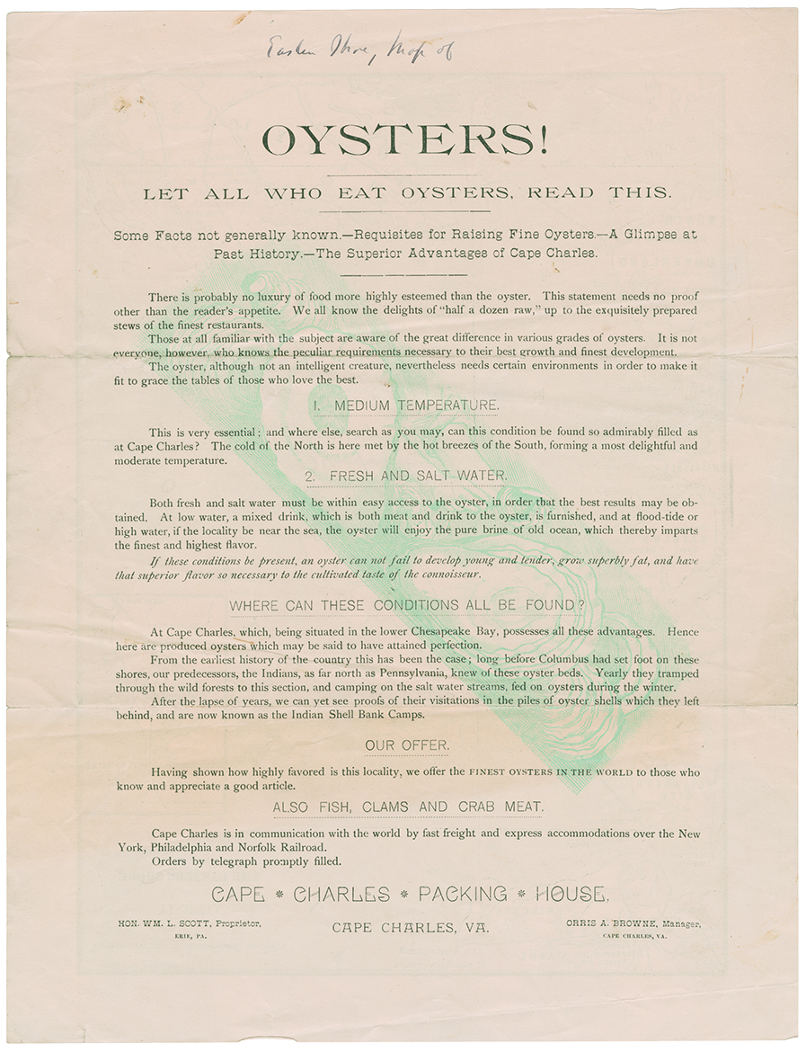Information about eating oysters, about 1900 (VMHC Map.F22.1900.3)