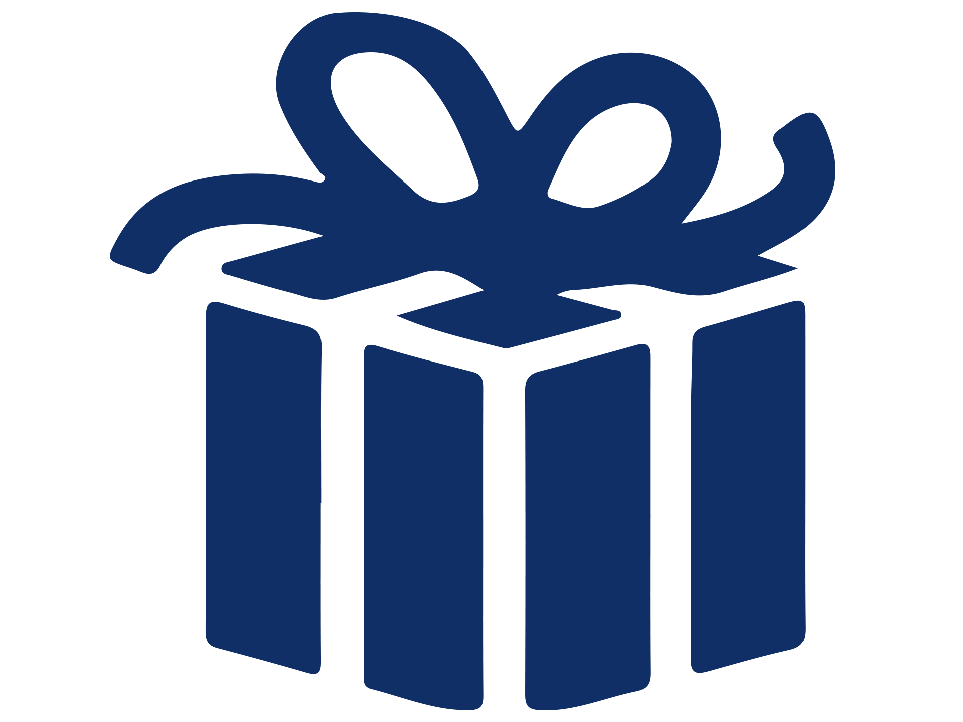 Graphic depiction of a gift box with bow in navy blue