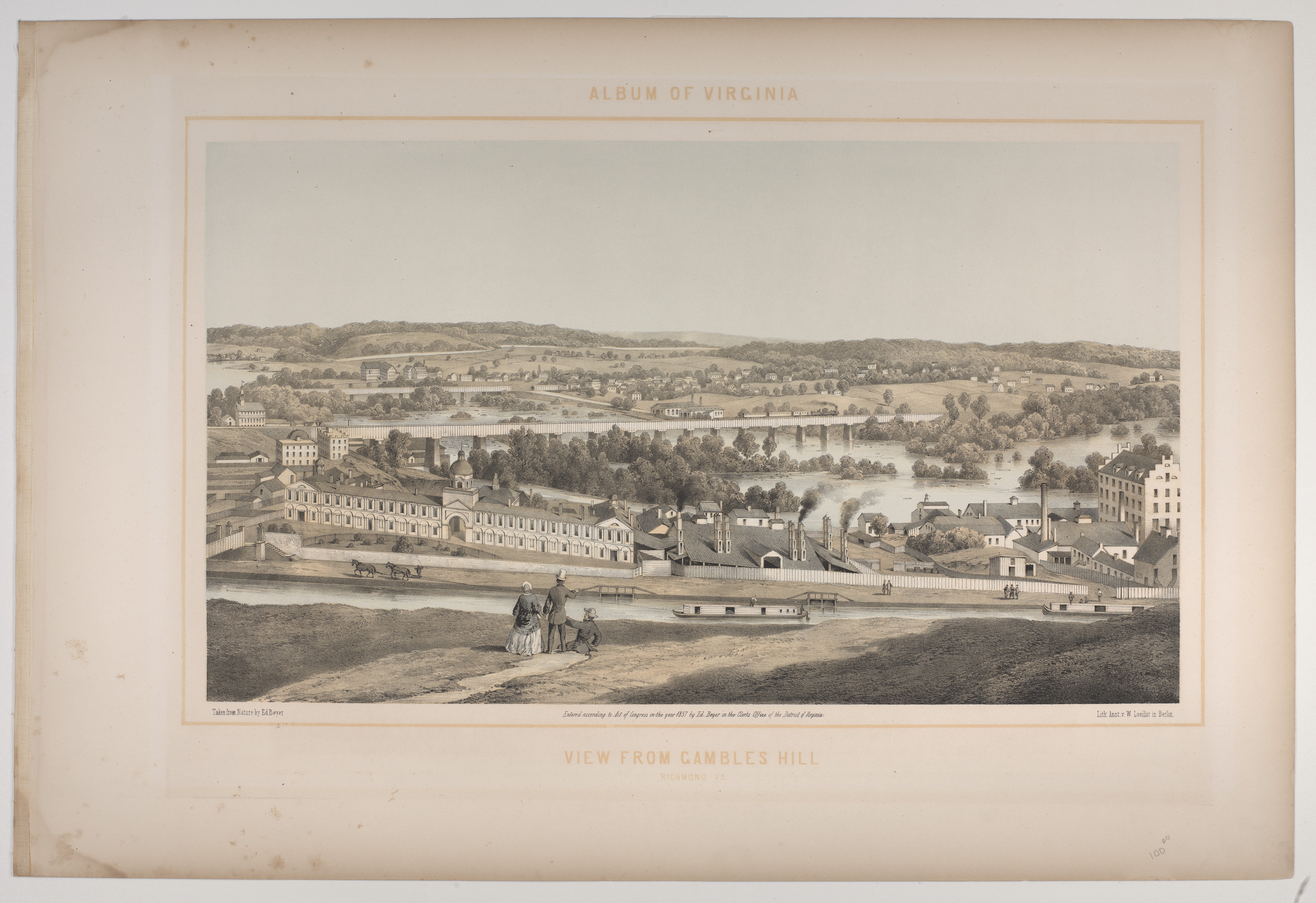 A photo of an 1850s tinted photograph of a view from Gambles hill showing Tredegar Iron Company, the James River, and Kanawha Canal.