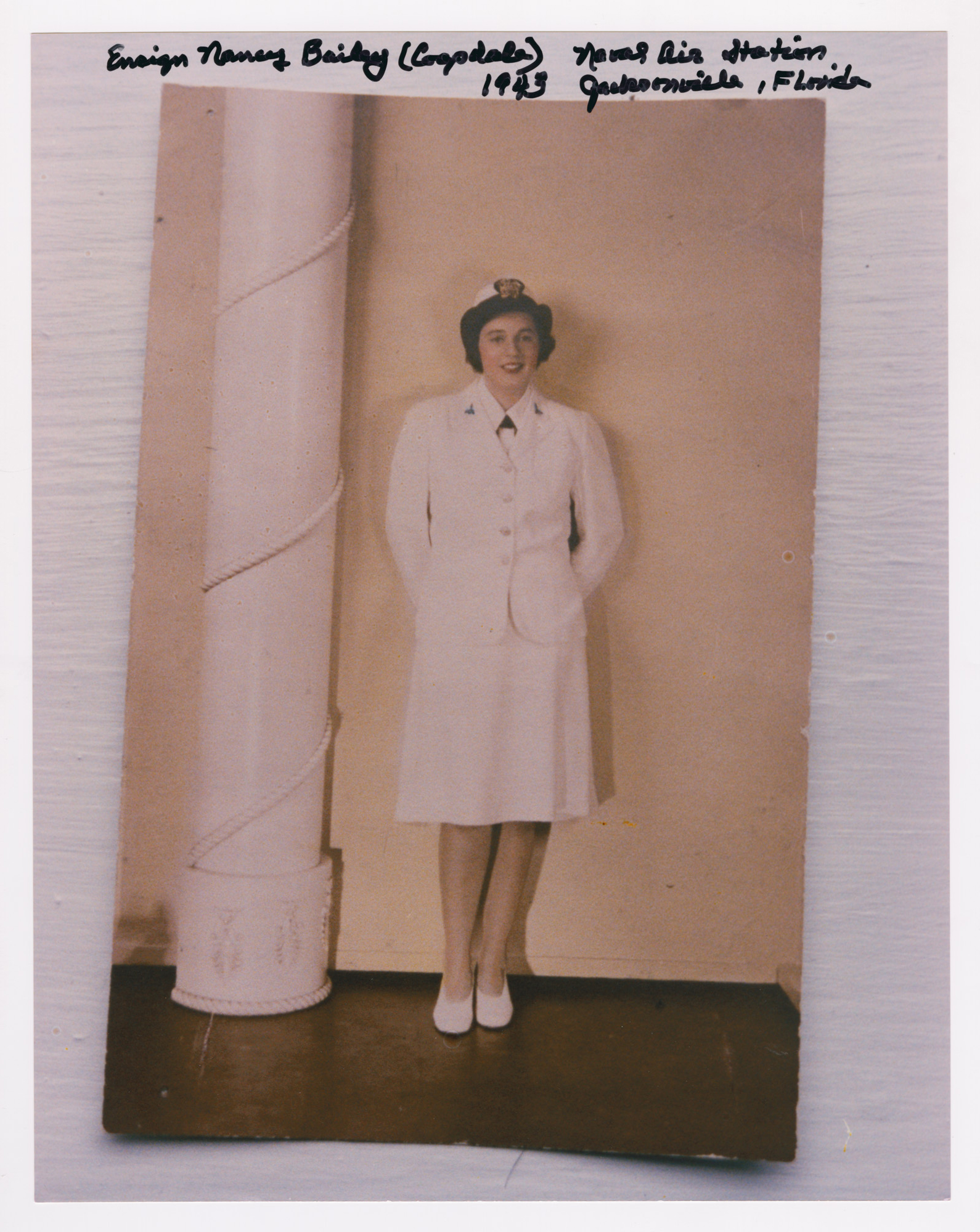 Ensign Nancy Bailey Bon Cogsdale in summer WAVE uniform at Naval Air Station, Jacksonville, Florida in 1943. (VMHC 1996.86.2. Gift of Nancy Bailey Bon Cogsdale) 
