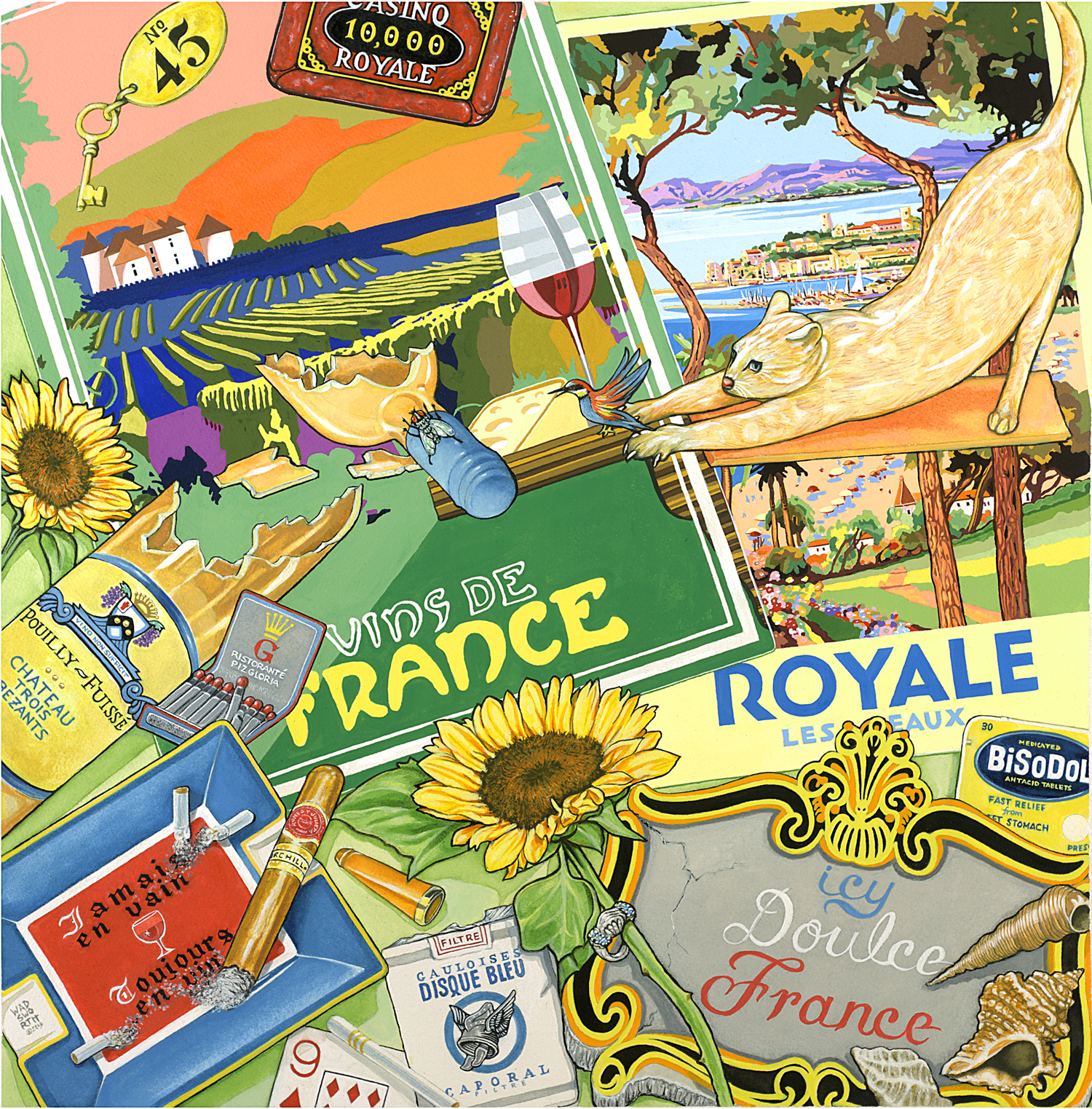 A layered collage of depictions of wine and cigar labels from France
