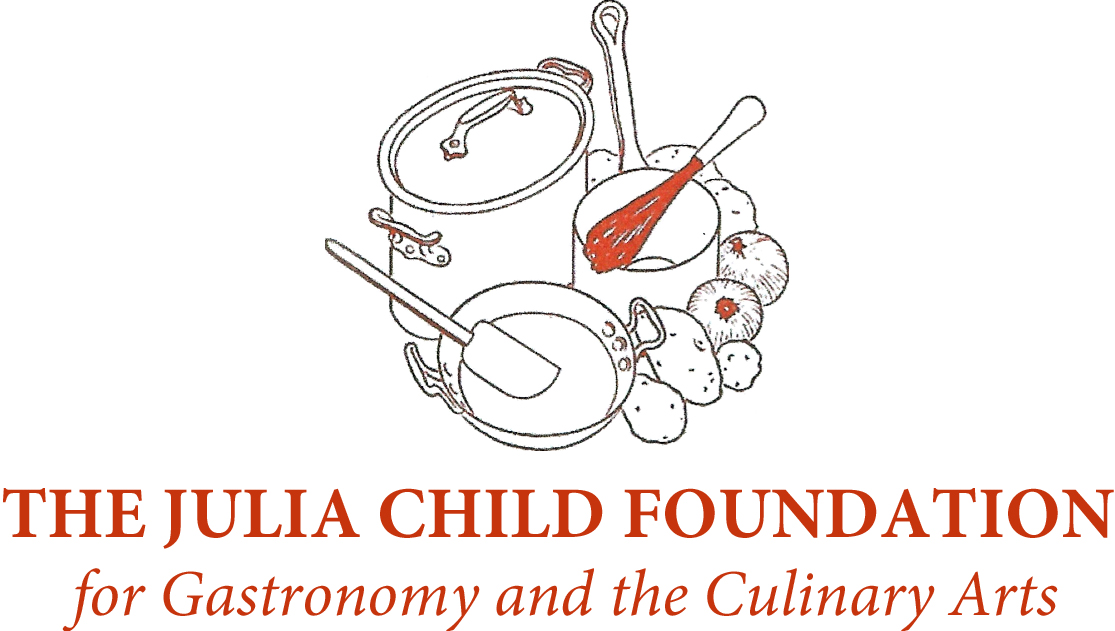 The Julia Child Foundation for Gastronomy and the Culinary Arts logo with wordmark in orange and icon of cooking pots, pans, vegetables, and whisk.