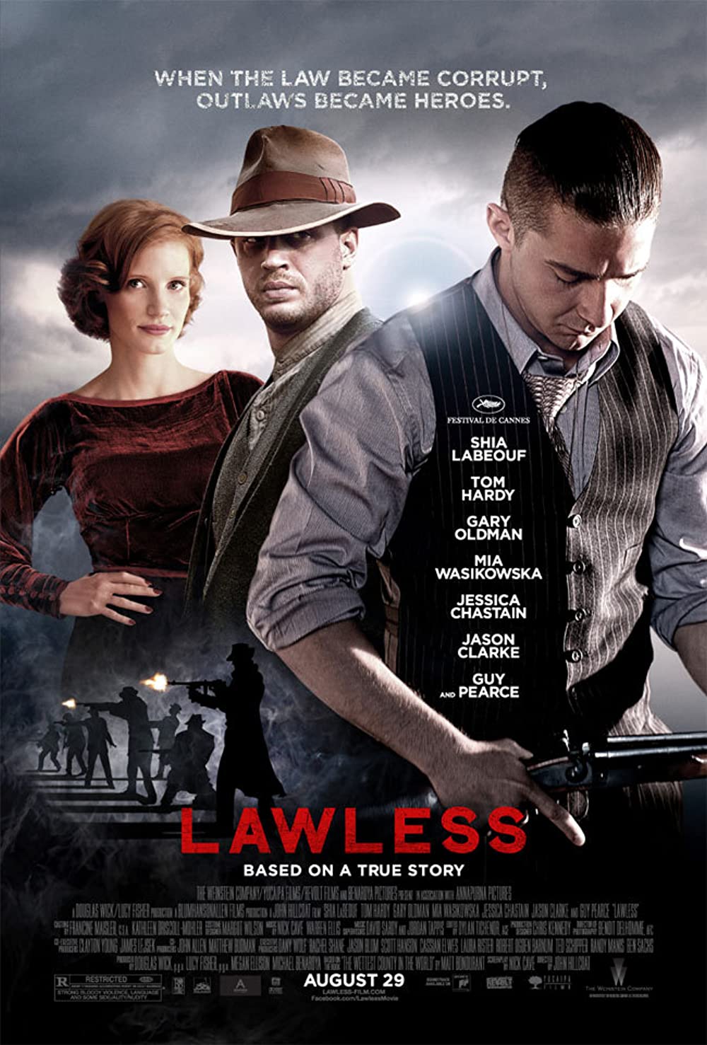Lawless movie poster featuring Jessica Chastain, Tom Hardy, and Shia Labeouf