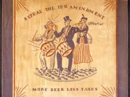 A square scarf with a blue border and an illustration of three people in the center, two of whom play handheld drums and 1 of whom plays a flute. Words read "Repeal the 18th Amendment: More Beer Less Taxes"