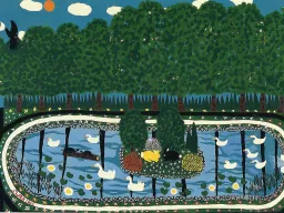 An painting of an aerial view of a lake with swans, surrounded by trees and a clouded sunny sky