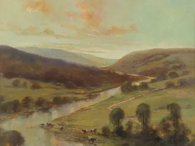 Detail of landscape painting with hills and a stream 