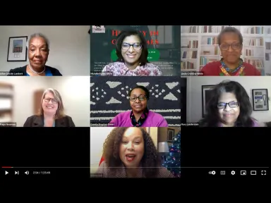 A panel of 7 women are shown in a gallery view for a livestream presentation