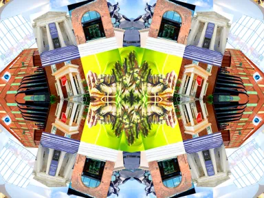 A kaleidoscopic collage of the front of museums with text: Intersecting History Museum Crawl