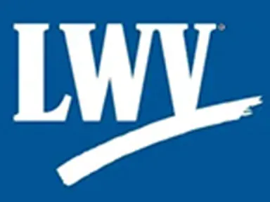 League of Women Voters logo of white LWV underlined on a blue background